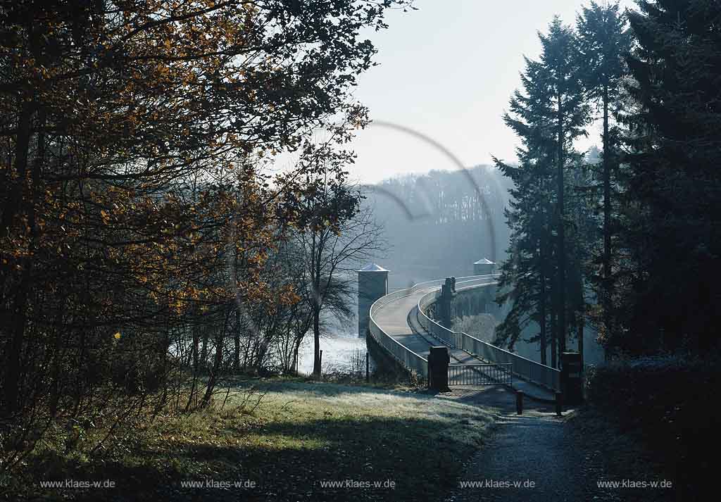 Neyetalsperre, Wipperfrth, Wipperfuerth, Neye, Oberbergischer Kreis, Bergisches Land, Blick auf Talsperre und Staumauer in Herbststimmung     