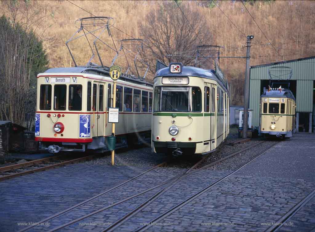 Cronenberg, Wuppertal, Regierungsbezirk Dsseldorf, Duesseldorf, Blick auf Strassenbahnmuseum, Freilicht-Bahnmuseum mit drei historischen Strassenbahnen