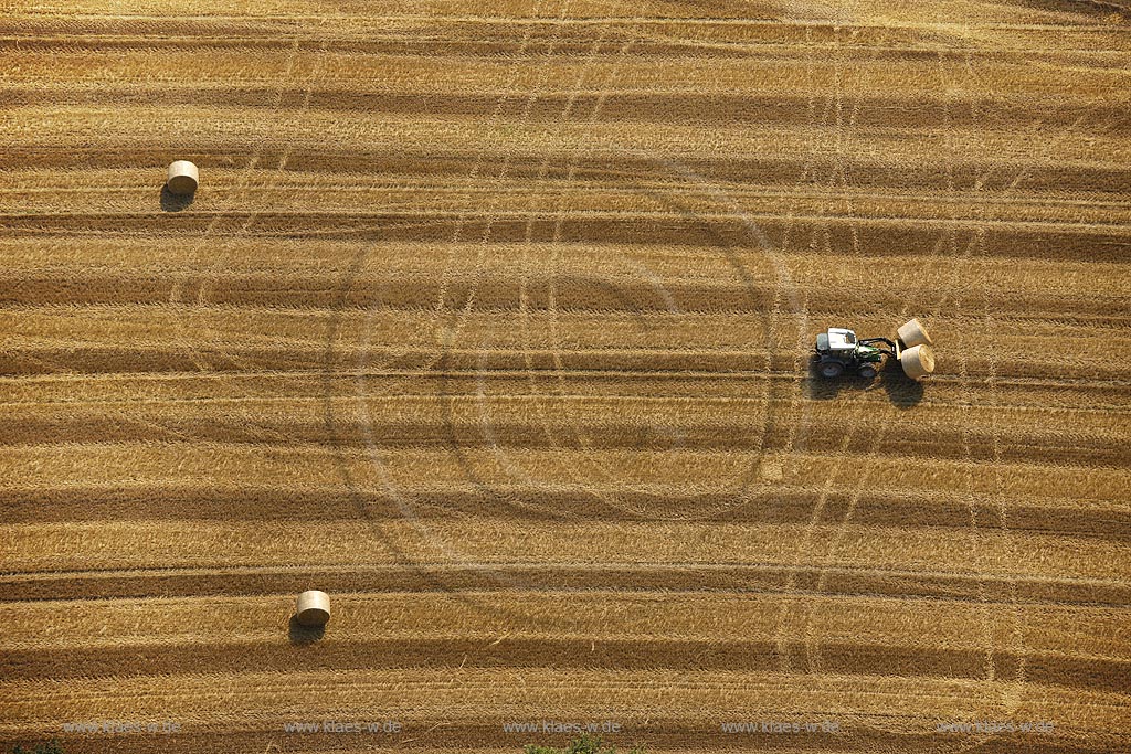 Hamm, Strohernte der Strohballen mit Trecker; Hamm, straw crop with tractor.