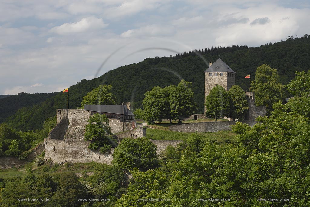 Bendorf-Sayn, Die Ruine der Burg Sayn, der im 12. Jahrhundert erbauten Stammburg der Grafen von Sayn bzw. Sayn-Wittgenstein erhebt sich auf dem etwa 110 Meter langen und 40 Meter breiten Bergruecken des Kehrbergs, eines Auslaeufers des Westerwalds, zwischen den Taleinschnitten von Brexbach und Saynbach; Bendor-Sayn, the ruin of castle Sayn