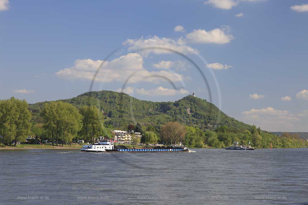 Bonn, Blick ueber den Rhein zum Siebengebirge mit Drachenburg, Drachenfels, Schlepper, Flussfaehre; View over rhine river with Siebengebirge, castle Drachenburg, ruine Drachenfels, towboat and ferry boat