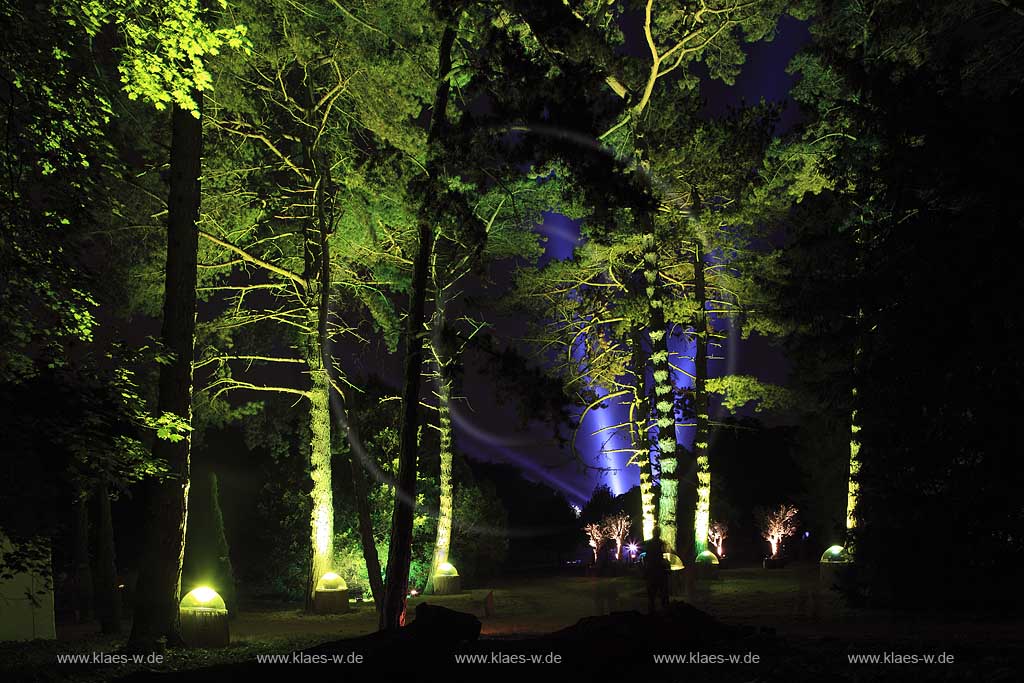Schlosspark Schloss Dyck in Jchen Juechen Nachtaufnahme whrend der Illumina mit im Kunstlicht illuminierten Bumen Baeumen