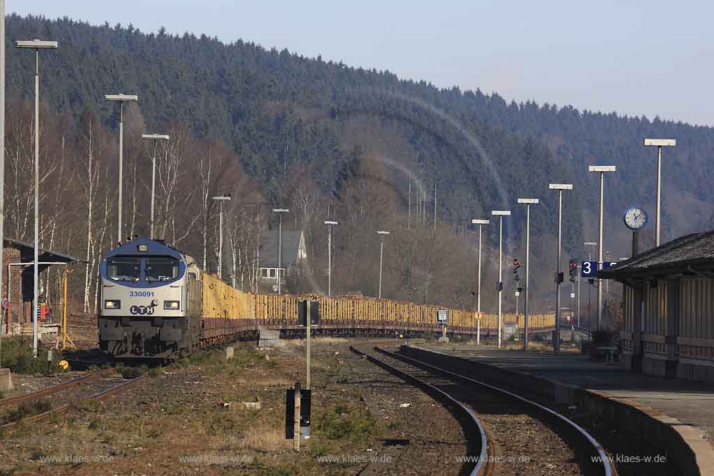 Brilon, Wald, Bahnhof Brilon-Wald mit Holzzug, Baureihe 250 GreyTiger, Holztransport