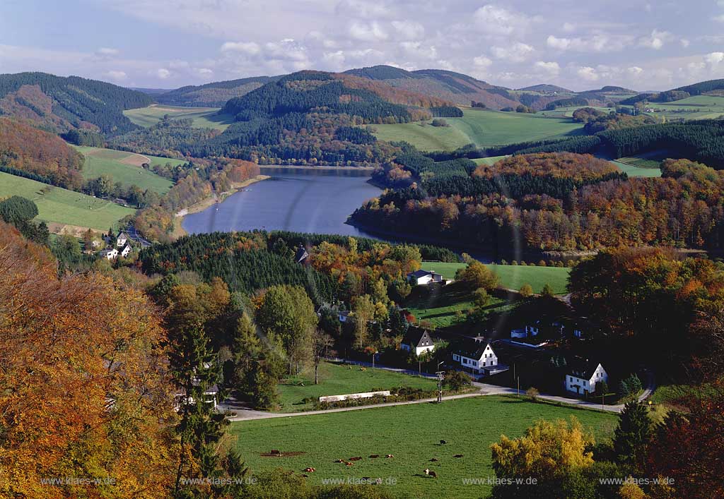 Hennesee, Schueren, Schren, Hochsauerlandkreis, Blick durchs Tal auf Haeuser, Huser und See, Sauerland