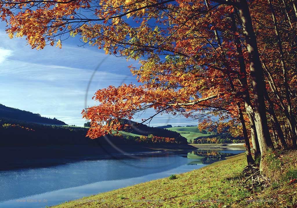 Hennesee, Hochsauerlandkreis, Blick zum See in Herbstlandschaft, Sauerland