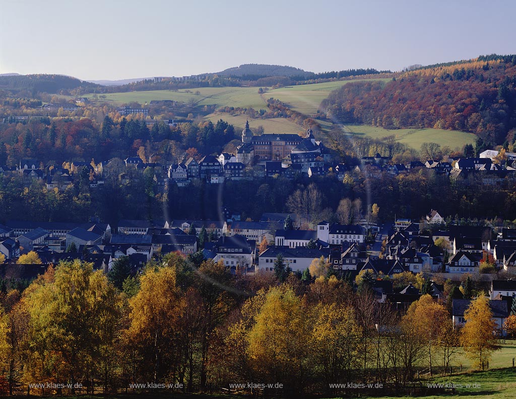 Bad Berleburg, Kreis Siegen-Wittgenstein, Siegerland, Blick auf Stadt mit Schloss in Herbstlandschaft