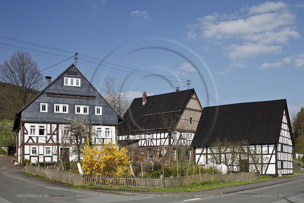 Hilchenbach Oechelhausen, Fachwerkhof im Fruehling; Hilchenbach Owechelhausen framework farm houses in springtime