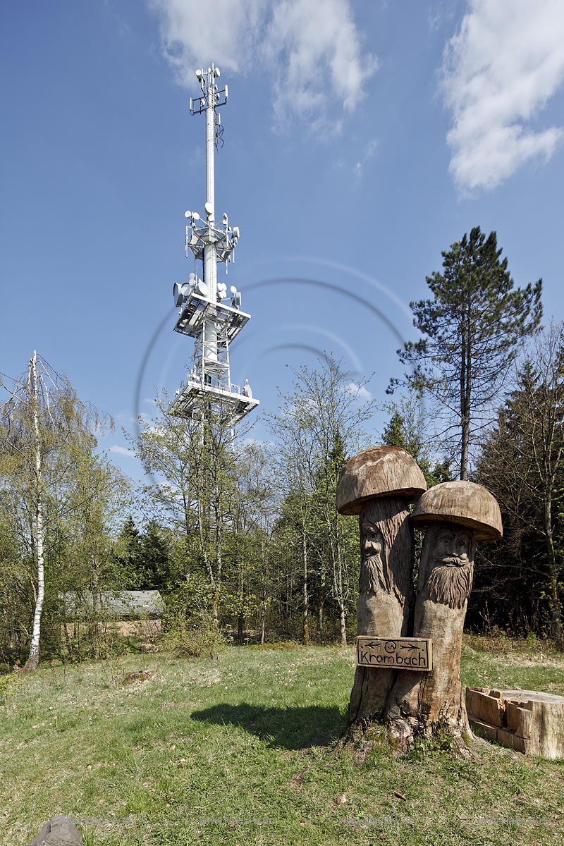 Kreuztal Kindesberg; Sendeturm fuer UKW-Hoerfunkprogramm des WDR 5, welches sich auf dem Turm des WDR befindet. Dieser wurde in den 1990ern errichtet und steht etwas unterhalb des Aussichtsturmes, im Vordergrund aus Holzstaemmen geschnitzte originalle Pilzskulpturen mit Gesichtern als Wanderweghinweis