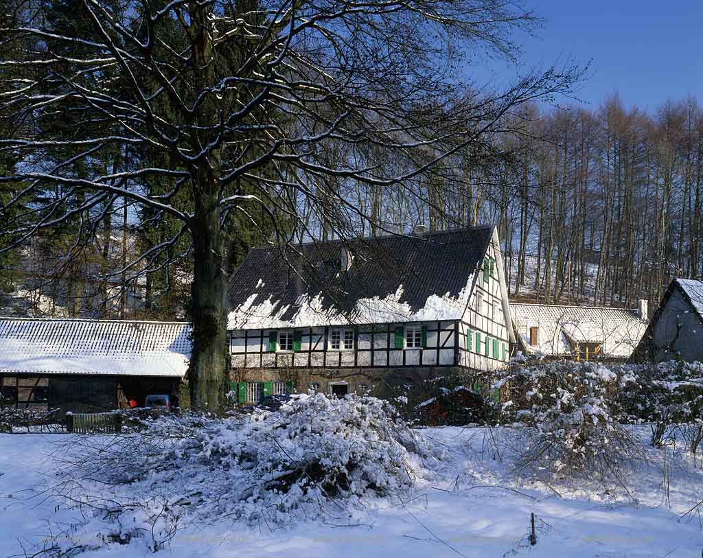 Burscheid, Rheinisch-Bergischer Kreis, Blick auf Lambertsmühle, Lambertsmuehle in Schneelandschaft