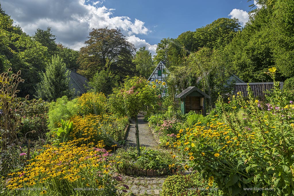 Burscheid-Lambertsmuehle, Bauerngarten der Lambertsmuehle, Muehlengebaeude Fachwerkgiebel im Hintergrund.