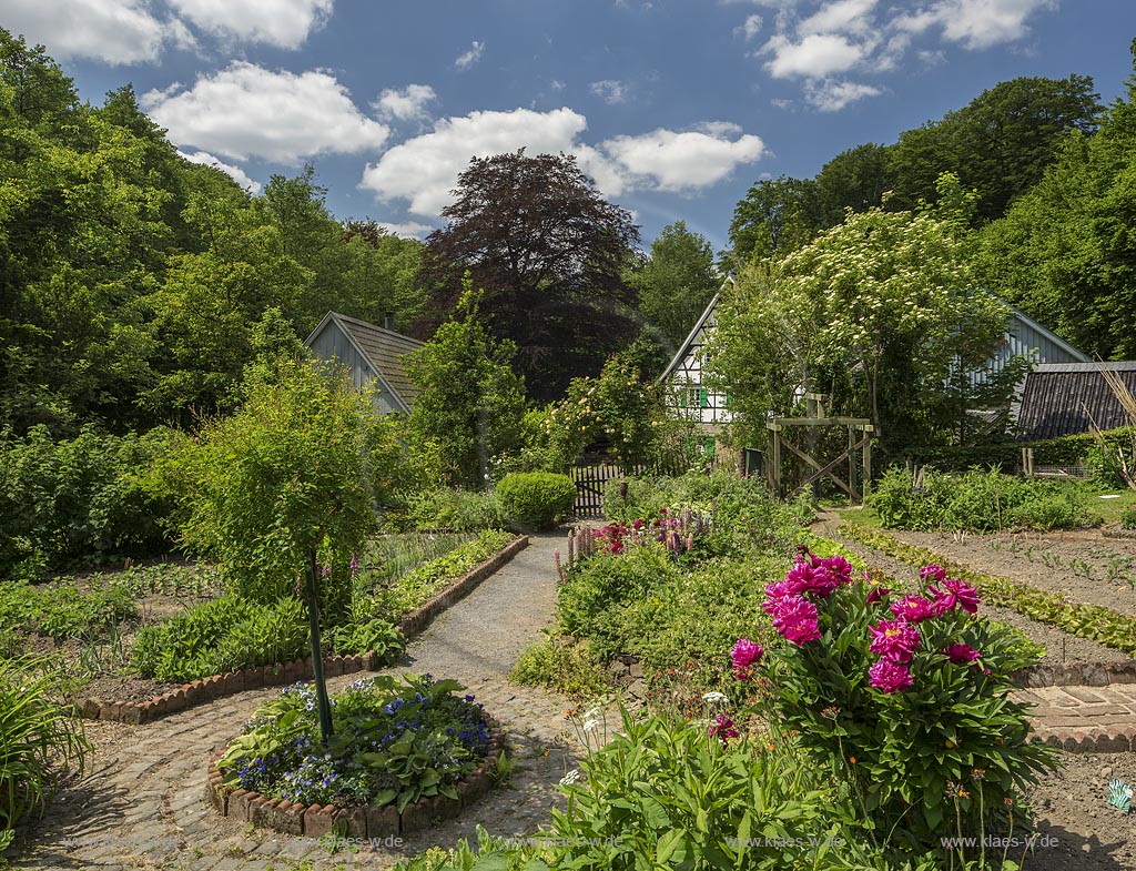 Burscheid-Lambertsmuehle, Blick vom Bauerngarten zur Lambertsmuehle; Burscheid-Lambertsmuehle, view over the cottage garden to the mill Lambertsmuehle.  