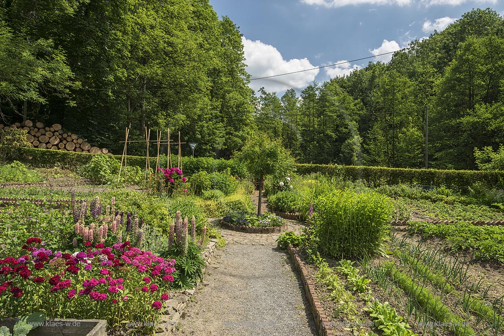 Burscheid-Lambertsmuehle, Blick vom Bauerngarten zur Lambertsmuehle; Burscheid-Lambertsmuehle, view over the cottage garden to the mill Lambertsmuehle.  