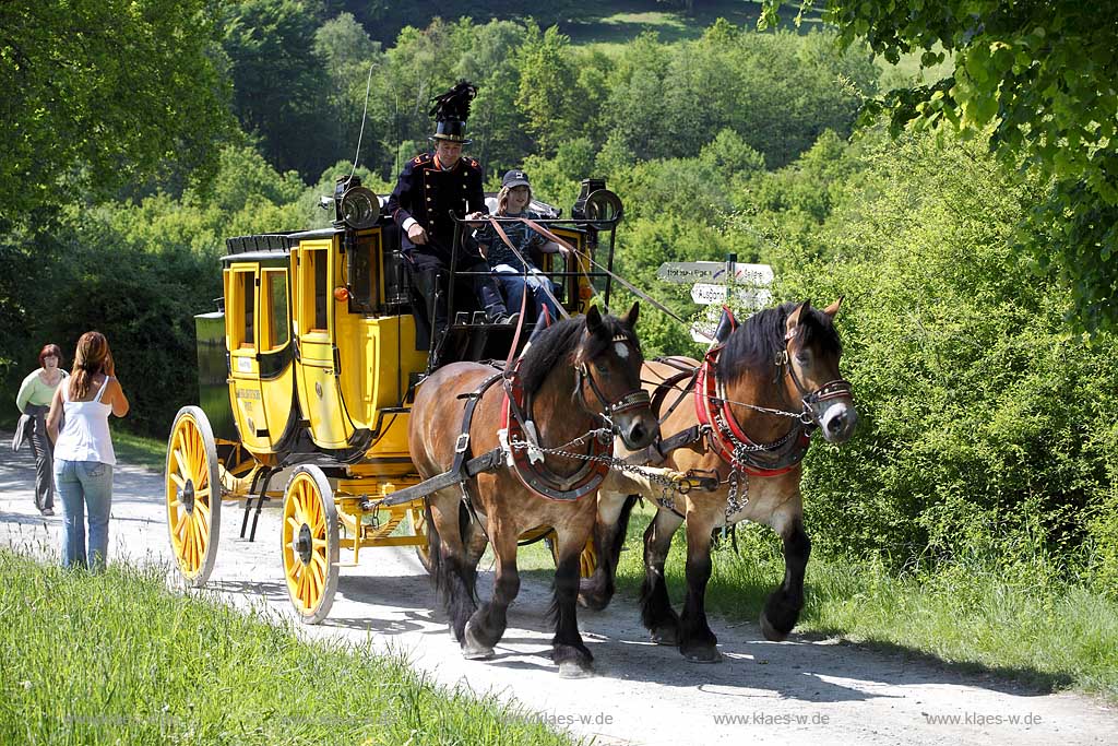 Lindlar Bergisches Freilichtmuseum Lindlar fuer Oekologie und baeuerlich-handwerkliche Kunst, nachgebaute historische Postkutsche, Nachbildung zweispaennig von 2 Kaltblut Pferden gezogen faehrt durch das Museum wahrend der Veranstaltung Jroen und Jedoen, Garten und Pflanzenmarkt; Lindlar open-air museum with replication of a historical stagecoach