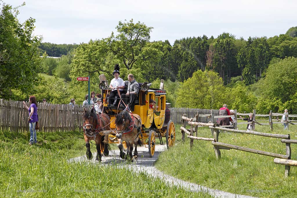 Lindlar Bergisches Freilichmuseum Lindlar fuer Oekologie und baeuerlich-handwerrkliche Kunst, nachgebaute historische Postkutsche, Nachbildung zweispaennig von 2 Kaltblut Pferden gezogen faehrt durch das Museum wahrend der Veranstaltung Jroen und Jedoen, Garten und Pflanzenmarkt; Lindlar open-air museum with replication of a historical stagecoach