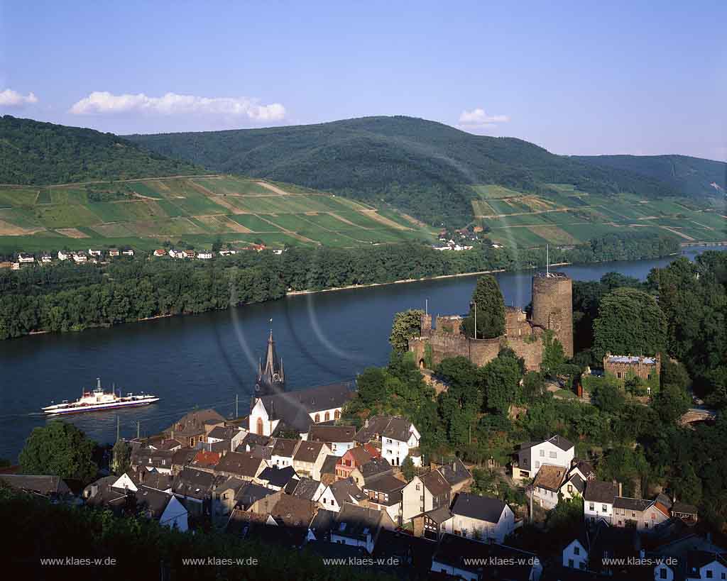 Niederheimbach, Landkreis Mainz-Bingen, Mittelrhein, Blick auf Burg Hohneck, Heimburg, Rhein, Ort und Landschaft