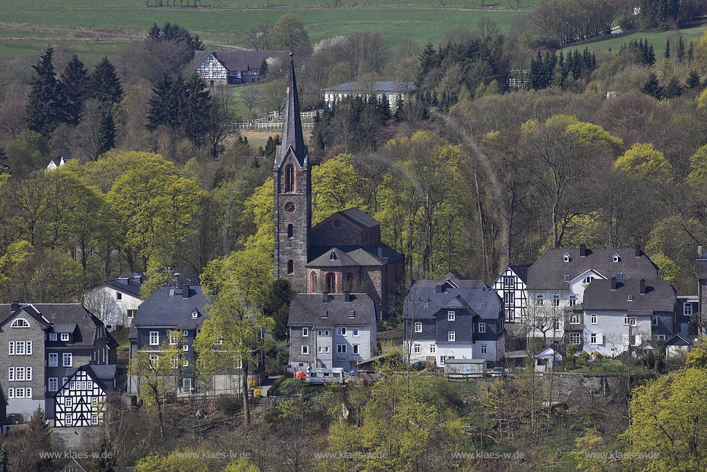 Bad Berleburg, Blick auf die evangelische Stadtkirche in Fruehlingslandschaft; Bad Berleburg, view onto the evangelic town church in springtime landscape